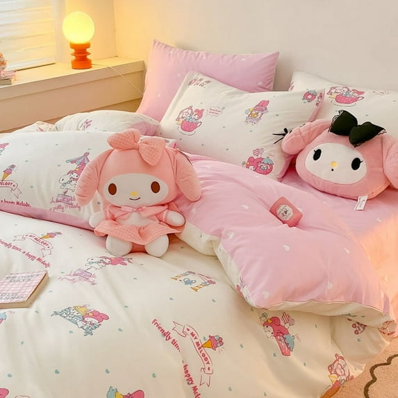 Cute Sanrio Cinnamoroll Bedding Four-Piece Set Cartoon Kawaii Bedroom Three-Piece Suit Bed Sheet Quilt Cover Girls Toys Gifts