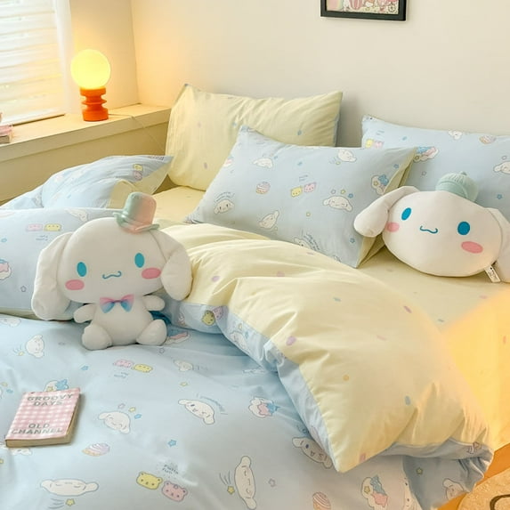 Cute Sanrio Cinnamoroll Bedding Four-Piece Set Cartoon Kawaii Bedroom Three-Piece Suit Bed Sheet Quilt Cover Girls Toys Gifts