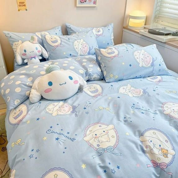 Cute Sanrio Cinnamoroll Bedding Four-Piece Set Cartoon Kawaii Bedroom Three-Piece Suit Bed Sheet Quilt Cover Girls Toys Gifts