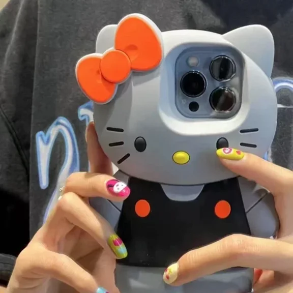 Cute Sanrio Hello Kitty Bow 3D Stereoscopic Soft Silicone Phone Case For iPhone 16 15 14 13 12 Pro Max Shockproof Soft Cover