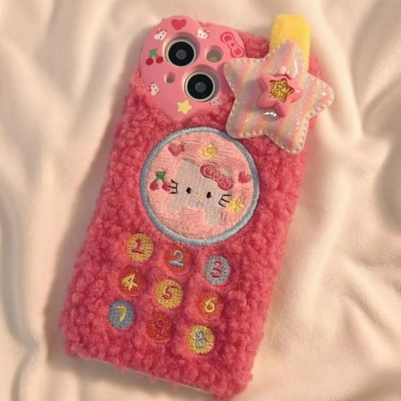 Cute Sanrio Hello Kitty Plush Telephone Phone Case for IPhone 15 14 13 12 11 Pro Max Plus 15Pro Anti-fall Back Cover Girls Gifts