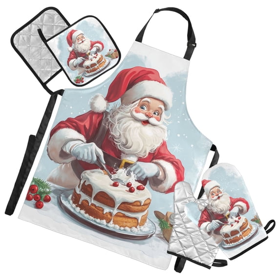 Cute Santa Baking Christmas Apron Set with Oven Mitts Pot Holders Set of 5 Kitchen Stuff Accessories