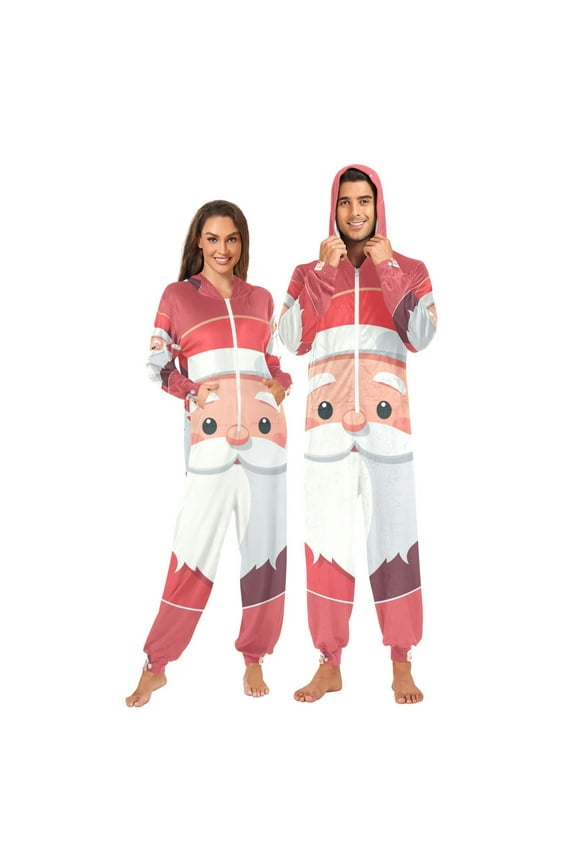 Cute Santa Claus Christmas Adult Onesie Pajamas Slim Fit Christmas One Piece Suit Pjs for Women and Men Hooded Zipper