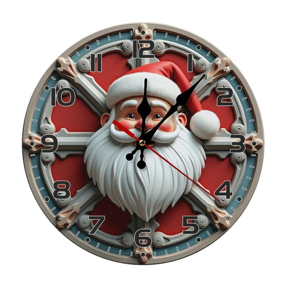 Cute Santa Claus Christmas Wall Clock 10 Inch Silent Non Ticking Round Wooden Clock Decoration for Living Room Kitchen Bedroom Bathroom Office Classroom