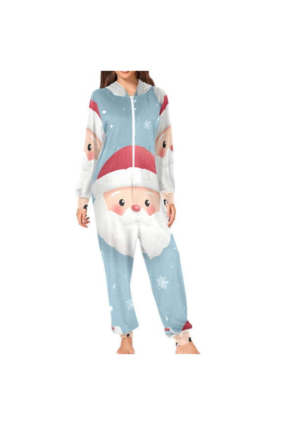 Cute Santa Claus Faces Blue Background Adult's Hoodie Onesie Jumpsuit One-Piece Pajamas with Zipper Unisex for Holiday M