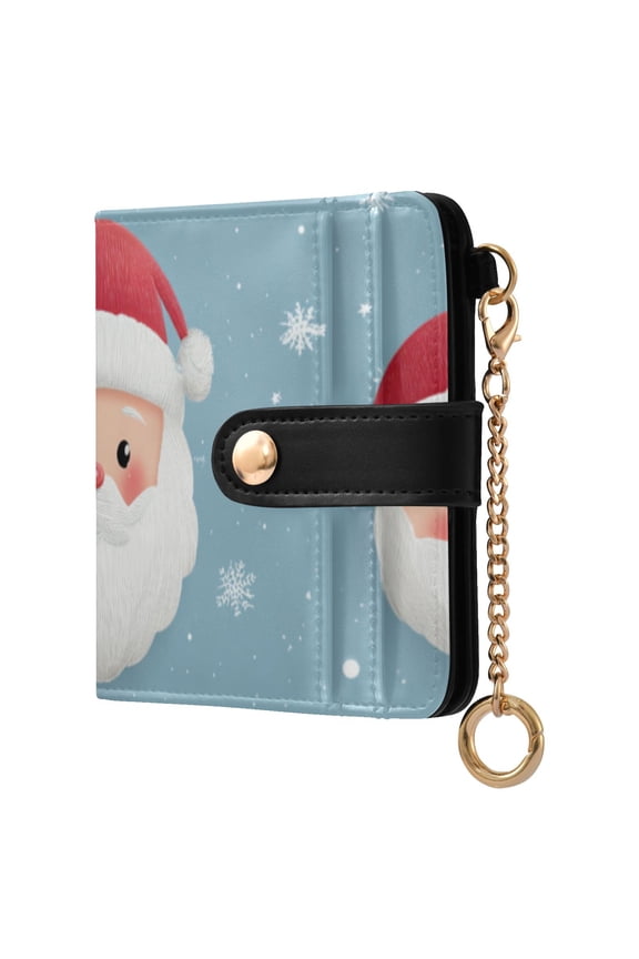 Cute Santa Claus Faces Blue Background Women's Wallet PU Leather Card Cases RFID Blocking Purse Billfold with Key Ring