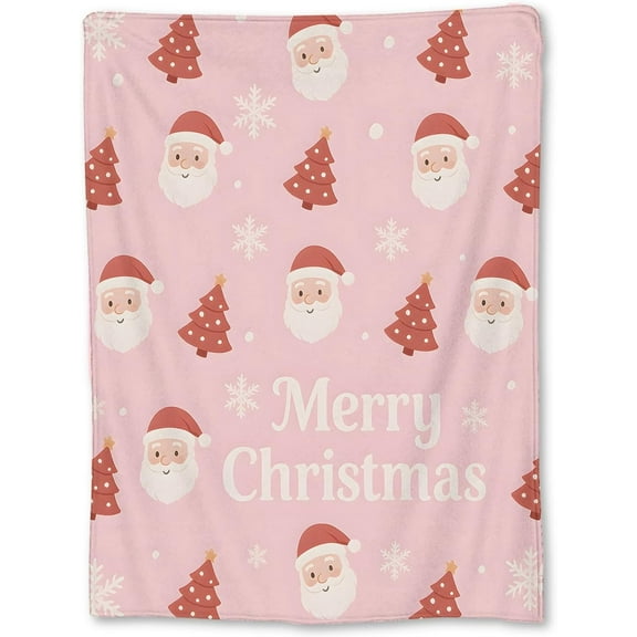 Cute Santa Face Christmas Blanket Cozy Holiday Throw for Couch Bed Travel Pink Tree Decor