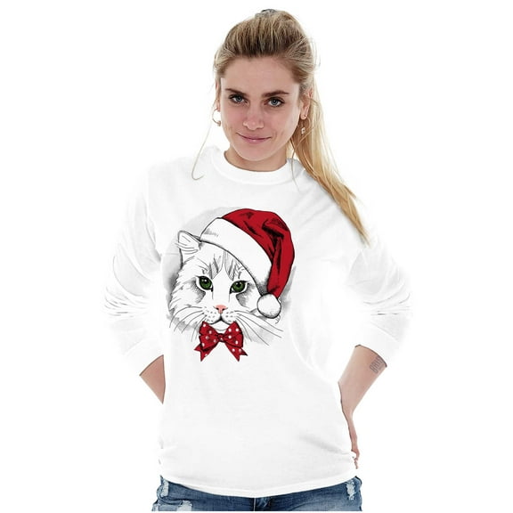 Cute Santa Kitty Merry Christmas Long Sleeve TShirt Men Women Brisco Brands S