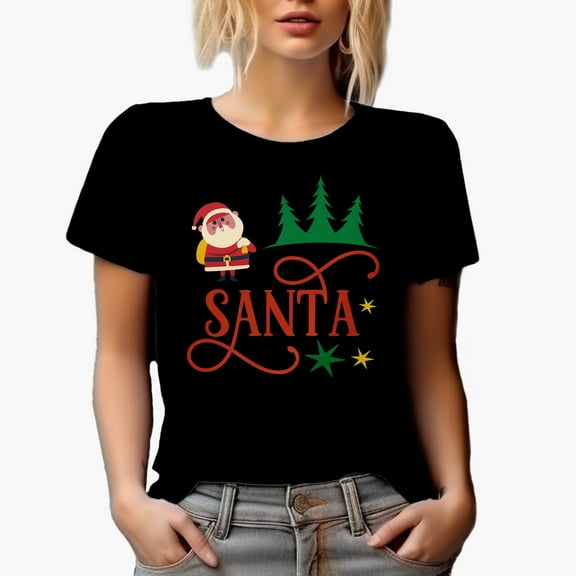 Cute Santa Pine Trees Magical Holiday Season Gift Idea, Black T-Shirt, Medium