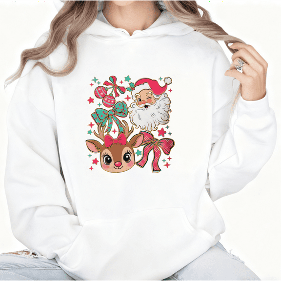 Cute Santa Reindeer Print Hoodie White Graphic Sweatshirt S-2XL Christmas Holiday Tops
