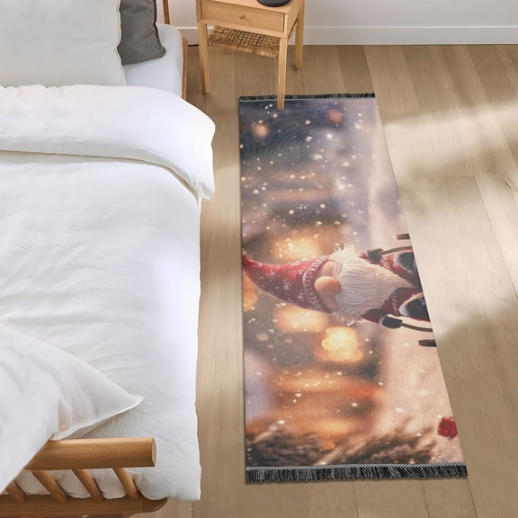 Cute Santa Riding Sleigh Shining Christmas Bedside Runner Rug 2'x 6' Non Slip Carpet Floor Mat Area Rug