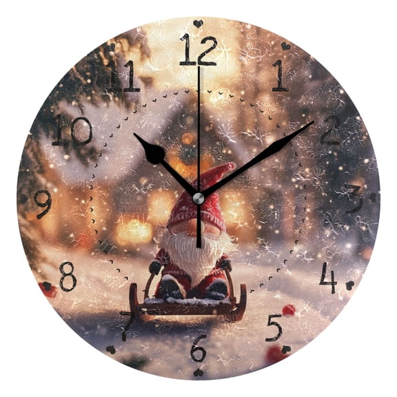 Cute Santa Riding Sleigh Shining Christmas Round Wall Clock Silent Analog Battery Operated Black Pointer Home Decor 9.84" Diameter