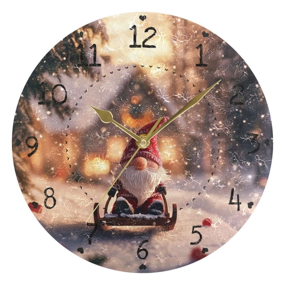Cute Santa Riding Sleigh Shining Christmas Round Wall Clock Silent Analog Battery Operated Gold Pointer Home Decor 9.84" Diameter