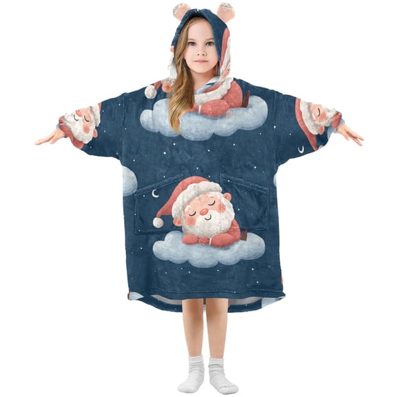 Cute Santa Sleeping on Clouds Christmas Night Flannel Wearable Blankets Hooded Design Long Sleeves Wrap Unisex for 3T-14Y S