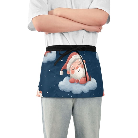 Cute Santa Sleeping on Clouds Christmas Night Short Server Apron with 3 Pockets for Unisex Chef Gardening