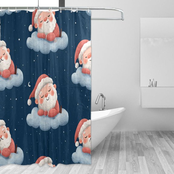 Cute Santa Sleeping on Clouds Christmas Night Shower Curtains with 12 Hooks Waterproof Bathroom Decor 66" x 72"