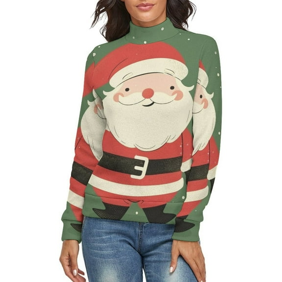 Cute Santa Women's Turtleneck Sweater Long Sleeve Ribbed Fitted Turtle Neck Casual Fall Winter Collection Top XL