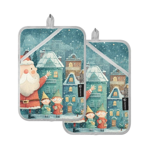 Cute Santa and Gnomes in Town Christmas Potholders Heat Resistant Pot Holder Set of 2 Oven Hot Pads with Pocket