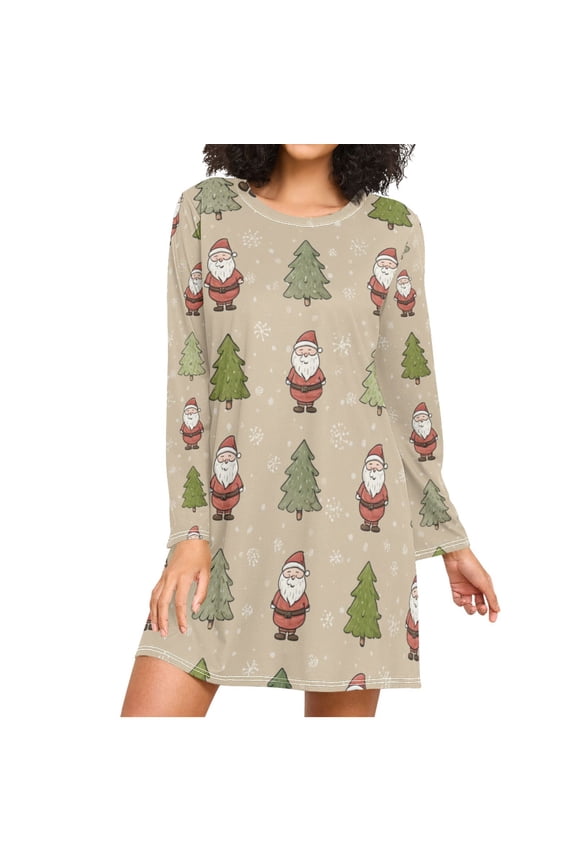 Cute Santa in Christmas Tree Forest Women's Long Sleeves Nightgowns Sleepwear Soft Pajama A-line Sleep Dress XXL