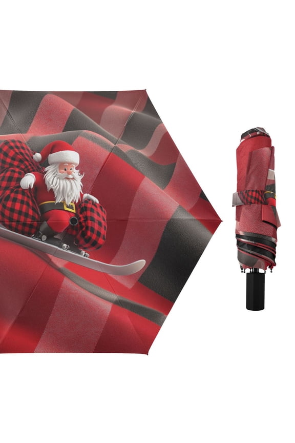 Cute Santa on Sleigh Christmas All Weather Umbrella Triple Folding Parasol 6 Ribs UV Protection Portable