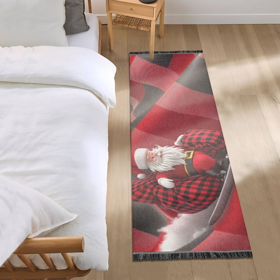 Cute Santa on Sleigh Christmas Bedside Runner Rug 2'x 6' Non Slip Carpet Floor Mat Area Rug