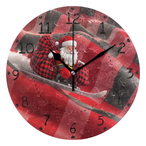 Cute Santa on Sleigh Christmas Round Wall Clock Silent Analog Battery Operated Black Pointer Home Decor 9.84" Diameter