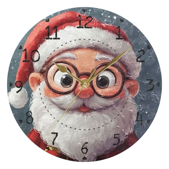 Cute Santa with Glasses Round Wall Clock Silent Analog Battery Operated Gold Pointer Home Decor 9.84" Diameter