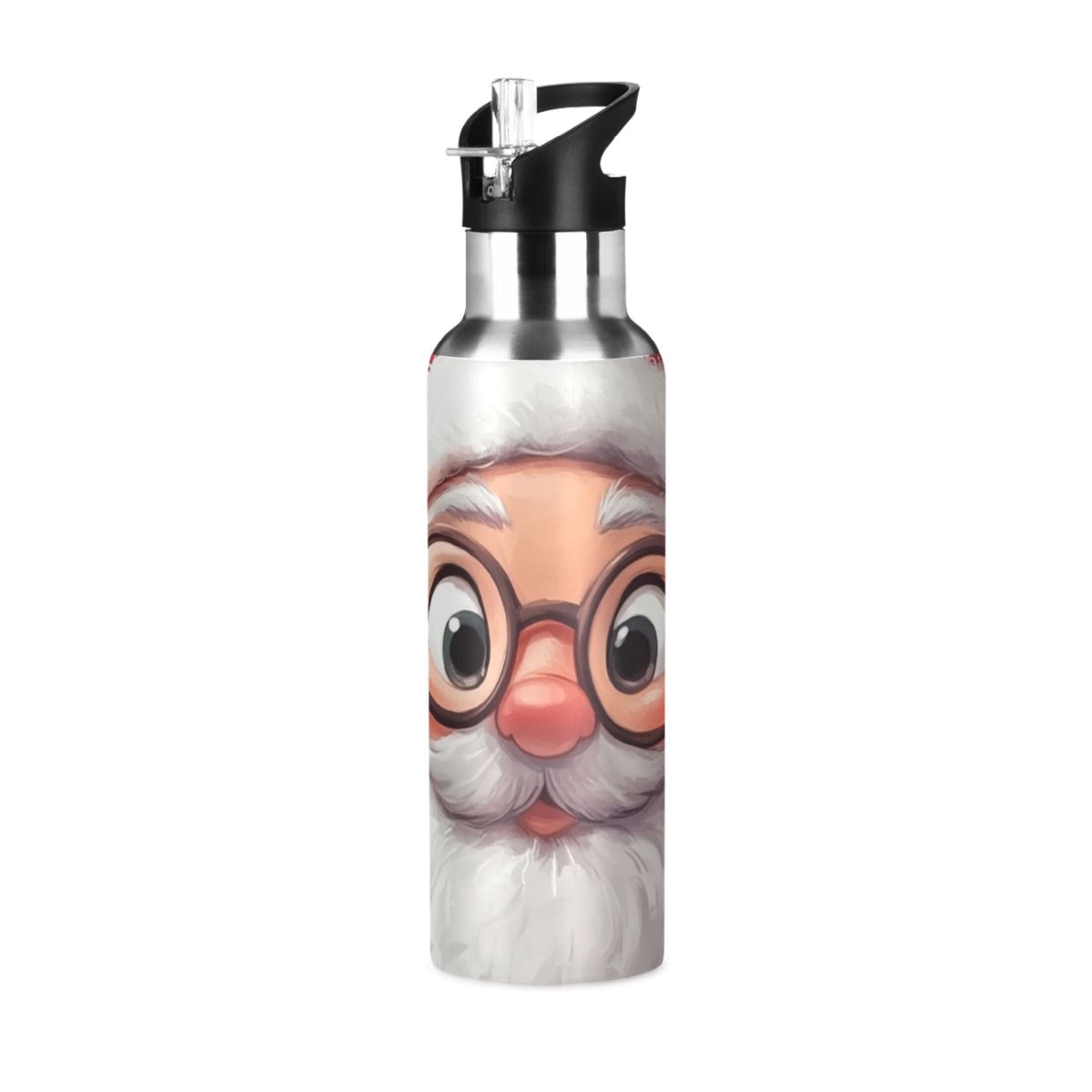 Cute Santa with Glasses Sports Bottle with Straw Stainless Steel Water Jug Portable Thermal Cup Leak-proof 1000ML