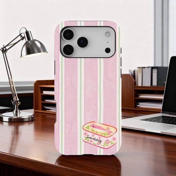 Cute Sardines Pink Stripe Retro Foodie Tin Fish Phone Case iPhone 17 through 11 Pro Max