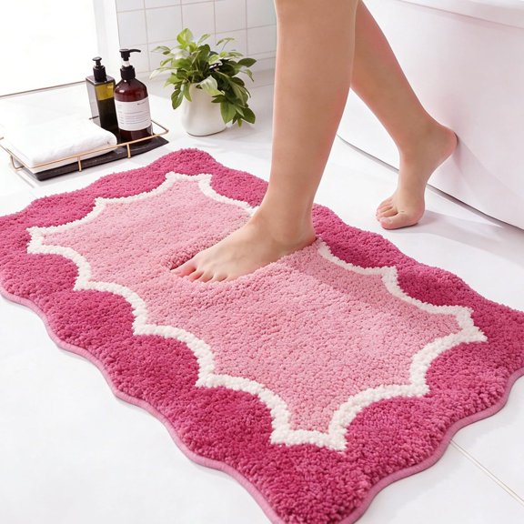 Cute Scalloped Rose Pink Bathroom Rugs Mat,Non Slip Absorbent Quick Dry Bath Mats for Shower Room,Microfiber Bath Mats for Bathroom Floor Washable Carpet for Shower Tub Sink Bedroom,20"x32"