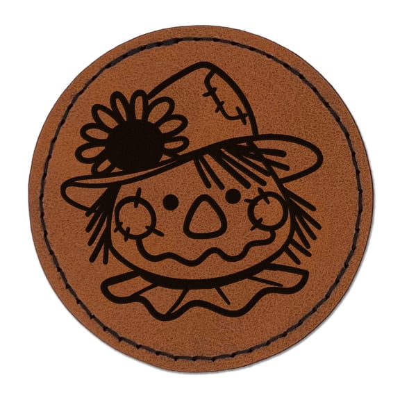Cute Scarecrow Face 2.5" Faux Leather Round Engraved Iron-On Patch - Brown