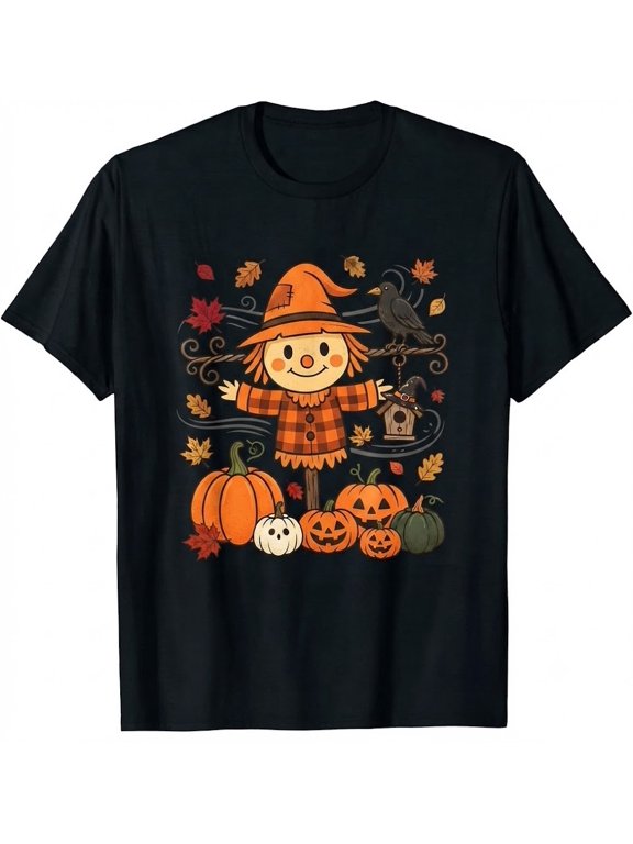 Cute Scarecrow Pumpkin Thanksgiving Halloween Hello Black T-shirt, Idea Gift