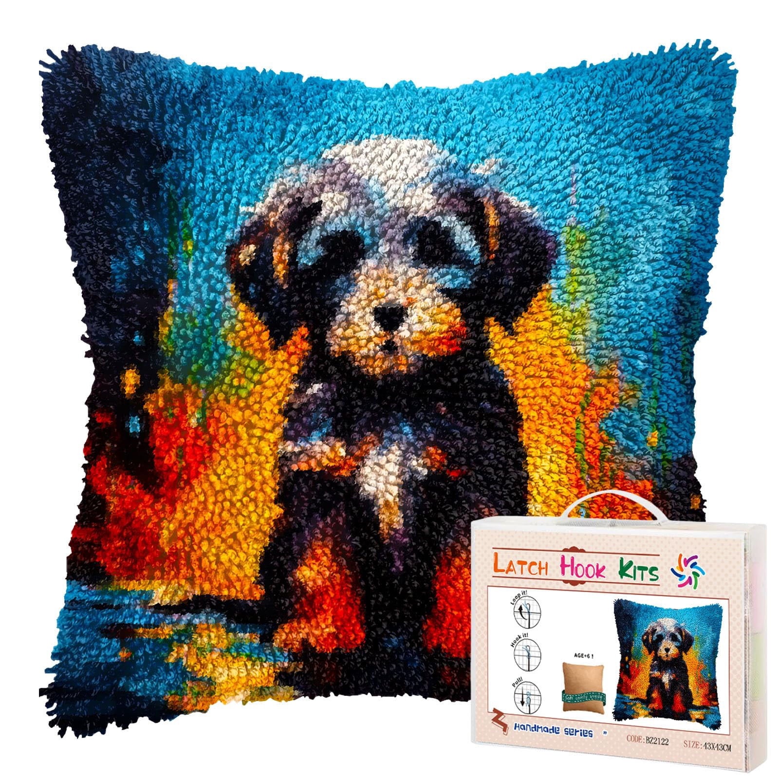 Cute Schnauzer Dog DIY Latch Hook Pillow Kits for Adults Printed Pillowcase Crochet Yarns Hooking Handmade Pillow Cover Cushion for Home Sofa Decoration 17x17inch