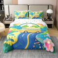 thumbnail image 1 of Cute School Bus 100% Cotton Duvet Cover Full Size,Cartoon Vehicles Soft Comforter Cover,Rainbow Flowers Printed Bedding Set For Bedroom,Blue Yellow Transport Quilt Cover(No Comforter), 1 of 5