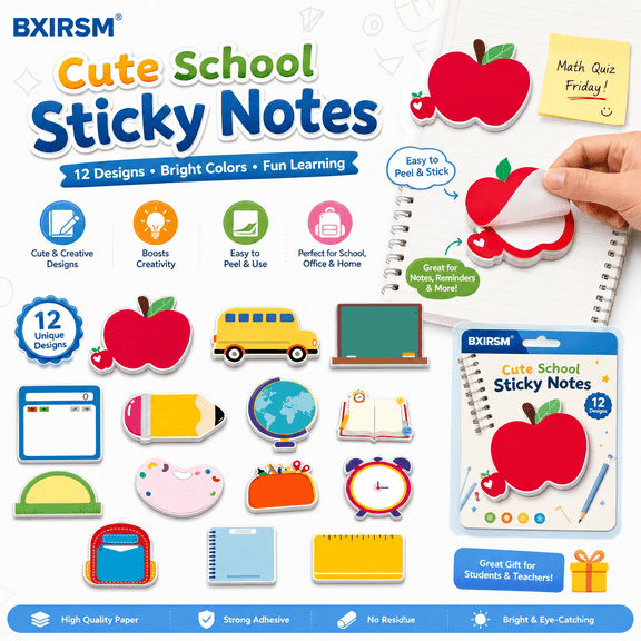 Cute School Sticky Notes 12 Designs, Shaped Self-Adhesive Memo Pads for Teachers Students, Fun Classroom Supplies Back to School Notebook Tabs