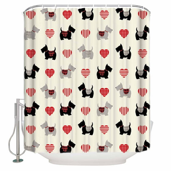Cute Scotch Dogs Bathroom Shower Curtains with 12 Hooks Polyester Waterproof Shower Curtain for Stalls and Bathtubs Red Heart Lovely Pets Vintage Decorative Bathroom Privacy Curtain 54x78 Inches