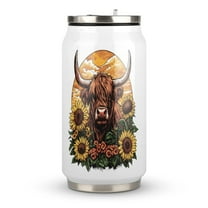 Cute Scottish Highland Cow With Sunflowers Coffee Tavel Tumblers with Lid and Straw Stainless Steel Vacuum Insulated Mug Wine Glasses Tea Cup for Hot and Cold 300ml