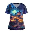 thumbnail image 1 of Cute Scrub Tops，Halloween Scrub Tops Plus Size Cute Pumpkin-Headed Bat Printed Short Sleeve V-Neck Nurse Care Worker Uniform Scrub Top,Purple，XXL, 1 of 4