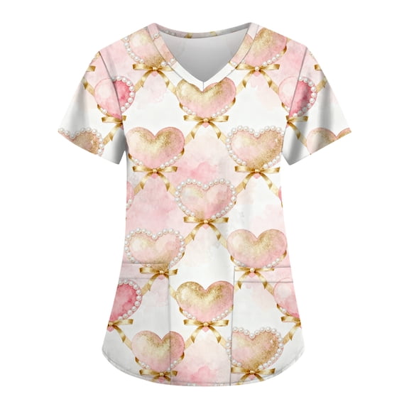 Cute Scrub Tops Stretchy Short Sleeve V Neck Cartoon Print Pattern Nursing Working Uniform Caregiver Top 2025 Light pink M