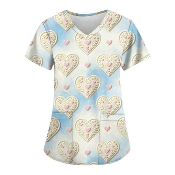Cute Scrub Tops Stretchy Short Sleeve V Neck Cartoon Print Pattern Nursing Working Uniform Caregiver Top 2025 Sky Blue M