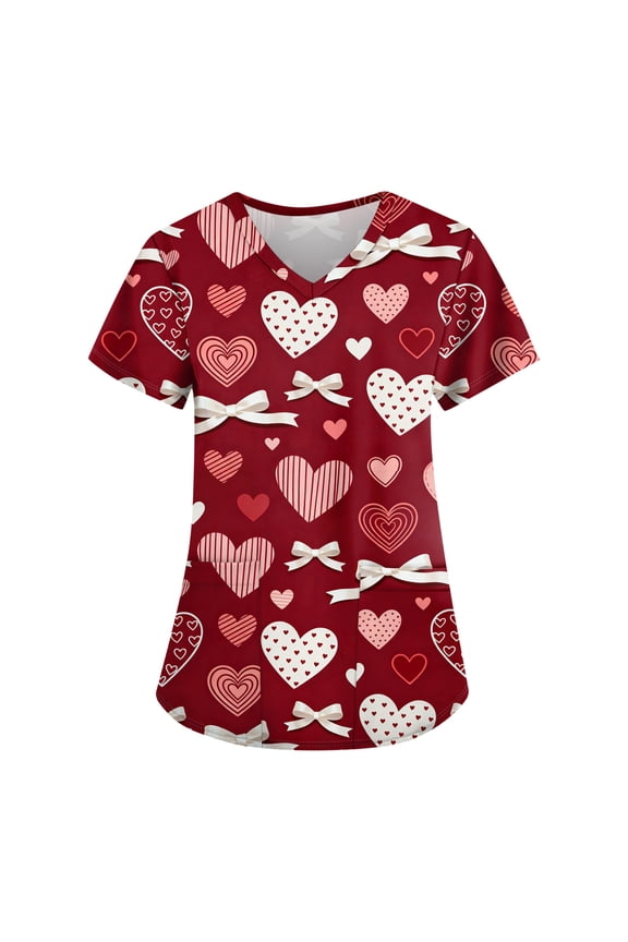 Cute Scrub Tops Stretchy Short Sleeve V Neck Cartoon Print Pattern Nursing Working Uniform Caregiver Top 2025 Wine S
