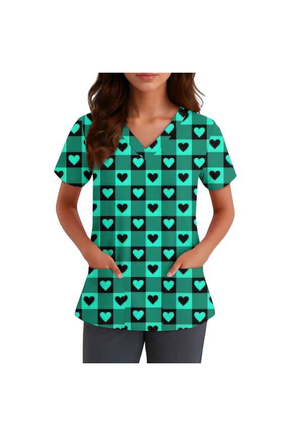 Cute Scrub Tops Stretchy Short Sleeve V Neck Cartoon Print Pattern Nursing Working Uniform Caregiver Top Green 3XL