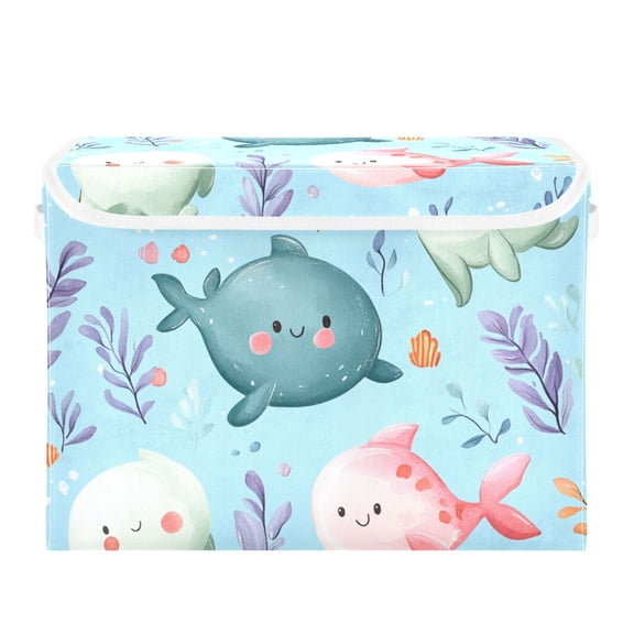 Cute Sea Animals Large Storage Bins with Linen Collapsible Lid Storage Box 16.7 x 12.6 x 11.8in
