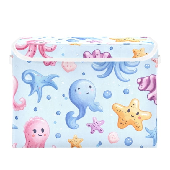 Cute Sea Creatures Large Storage Bins with Linen Collapsible Lid Storage Box 16.7 x 12.6 x 11.8in