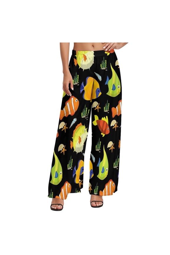 Cute Sea Fish Pants Colorful Reef Fish Korean Fashion Straight Wide Pants High Waist Office Trousers Big Size 5XL 6XL