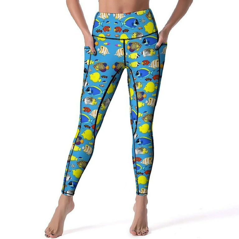 Cute Sea Fish Yoga Pants Pockets Colorful Reef Fish Leggings Sexy Push Up Retro Yoga Sports Tights Quick Dry Workout Leggins