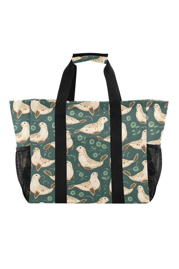 Cute Sea Lion Reusable Grocery Bags with Handle Side Pocket Waterproof Shopping Portable Tote