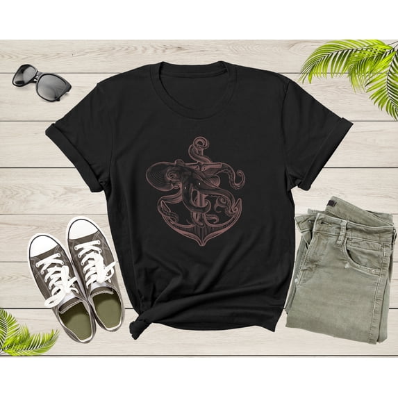 Cute Sea Ocean Octopus Holding Ship Metal Anchor in Ocean T-Shirt Octopus Lover Gift T Shirt for Men Women Kids Boys Girls Graphic Tshirt