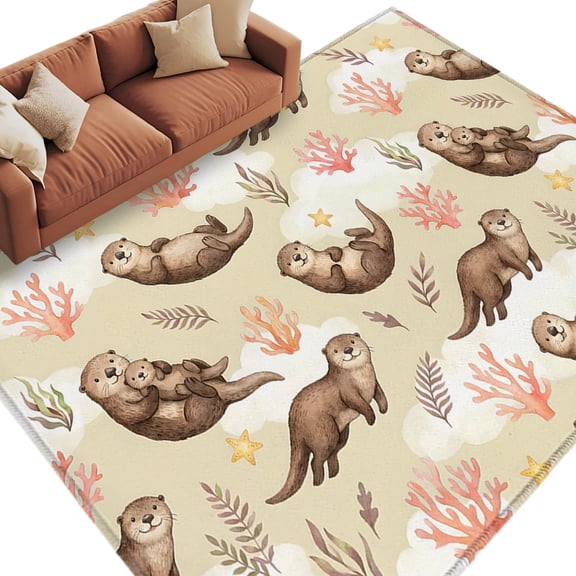 Cute Sea Otters Area Rug 8x10 Washable Rug Non Slip Coastal Coral Ocean Seagrass Country Cloud Large Area Rug Soft Stainresistant Indoor Carpet for Living Room Bedroom Office Dining Room Nursery