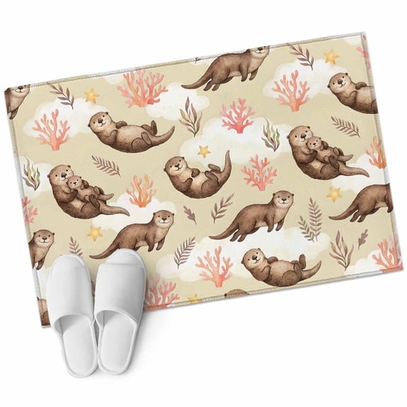Cute Sea Otters Bathroom Rug Washable 2x3 Entryway Rug Non Slip Coastal Coral Ocean Seagrass Country Cloud Front Door Mat Low Pile Indoor Doormat Throw Floor Carpet for Kitchen Bedroom Entrance